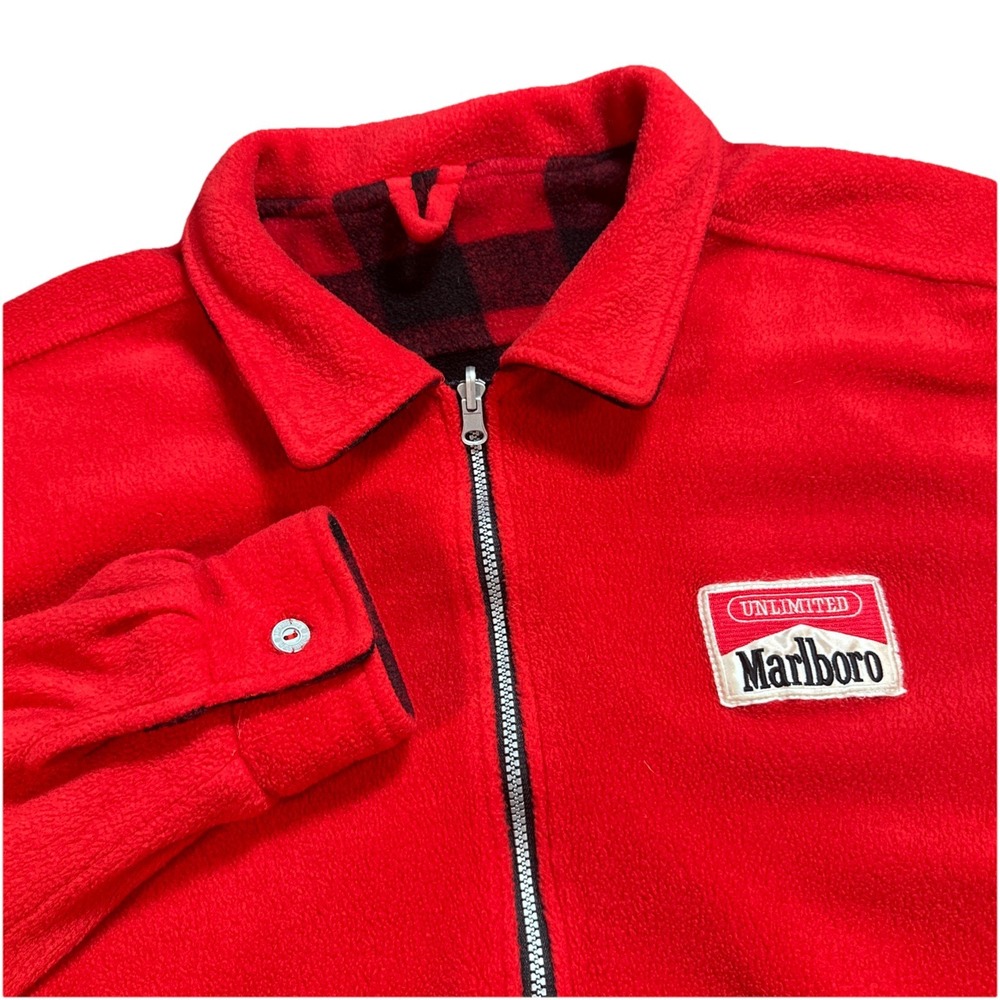 Vintage 90s Marlboro Mens XL Spell Out Reversible Half Zip Fleece Sweater Red